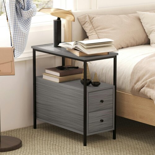 Wyld Haus Loto Wooden Grey Wood Effect Narrow Bedside Table With 2 Drawers And Top Shelf