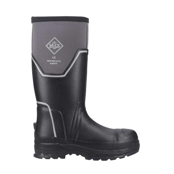Muck Boots MUCK Boots GRIT S5 Mens Tall Safety Composite Toe/Midsole Wellie, image of a tall black safety boot with gray and white accents and rugged tread sole.