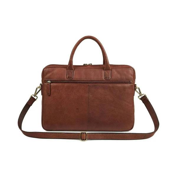 Brown leather briefcase with shoulder strap on a white background