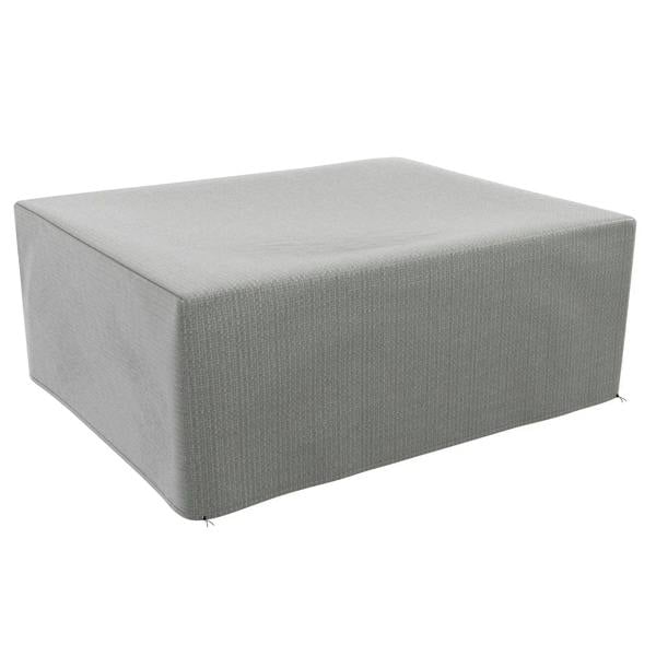 Grey outdoor patio furniture cover for a rectangular set, fitted over a bench-style item.