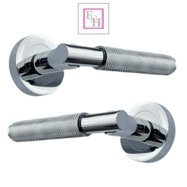 EDH Door Hardware Polished Chrome Knurled Door Handles on Round Rose – Handle Sets