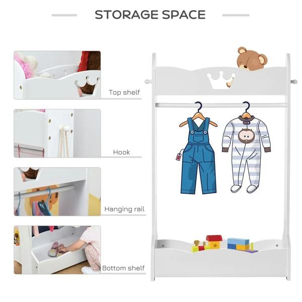 White kids clothing rack features top shelf, hanging rail, hooks, and bottom storage shelf