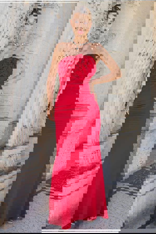 Scuba Crepe Bandeau Rose Maxi Dress - Red DR4243