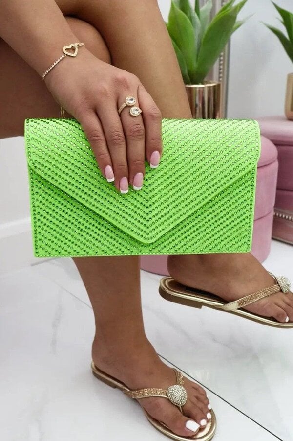 Love Lemonade Crystal Glam Envelope Clutch Bag Lime Green