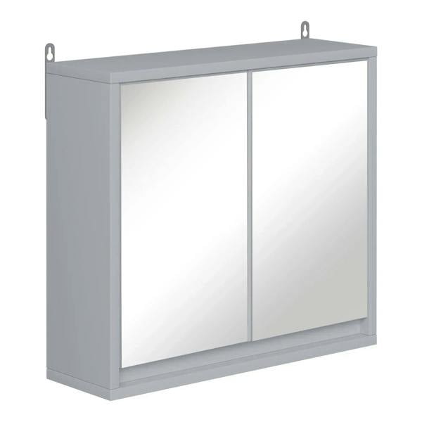 Grey wall-mounted mirror cabinet with double doors and storage shelf