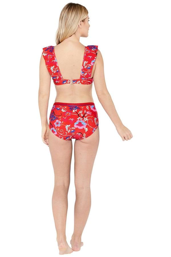 Blanket Stitch Red High Waist Brief Bikini Bottoms