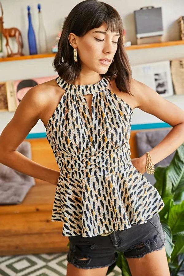 Hoxton Gal Halter Neck Crepe Blouse with Waist Detail
