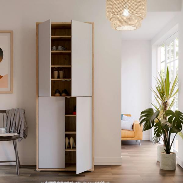 Furniture To Go Alice Springs Shoe Cabinet with 4 Doors Push-to-Open in Artisan Oak and Light Grey Doors