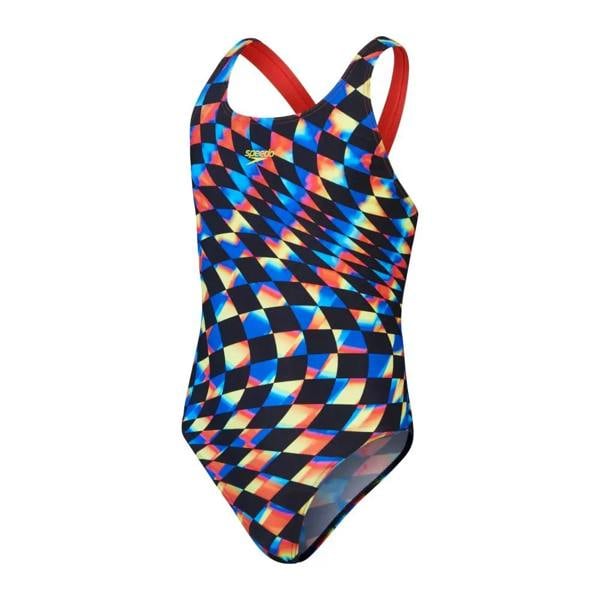 Speedo Girls Digital Allover Leaderback Swimsuit in black/red