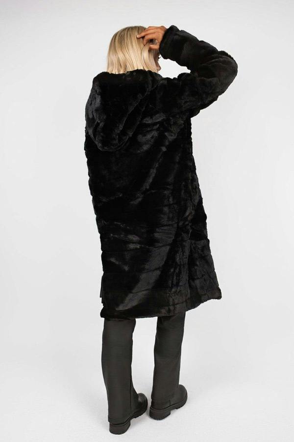 Milara Longline Faux Fur Hooded Coat - Black