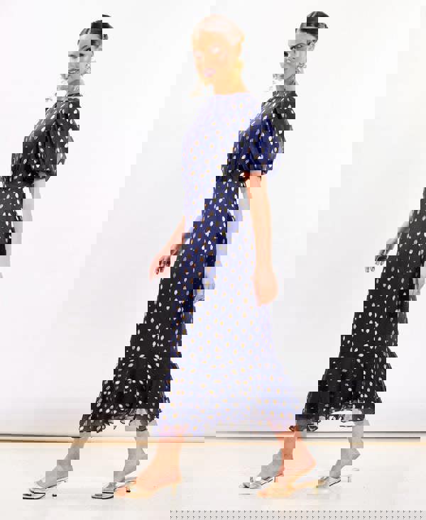 Navy Chiffon Foil Puff Sleeve Midi Dress