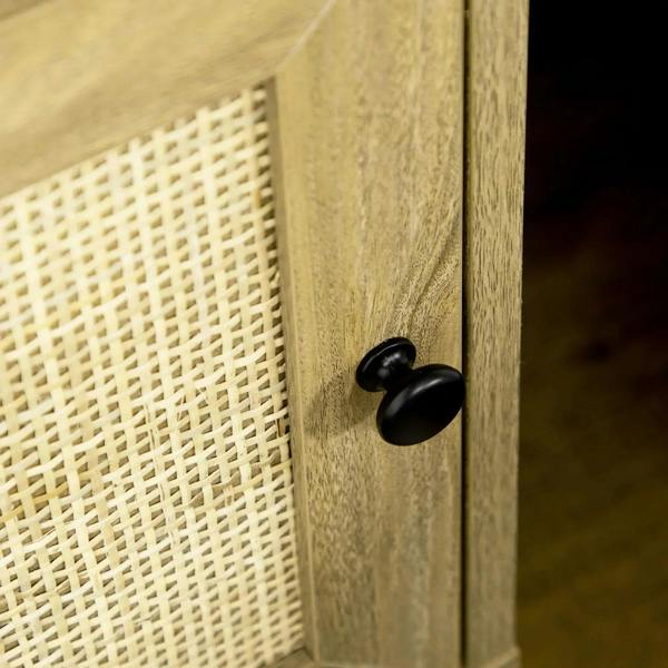 Natural wood cabinet door with rattan panel and black round knob handle