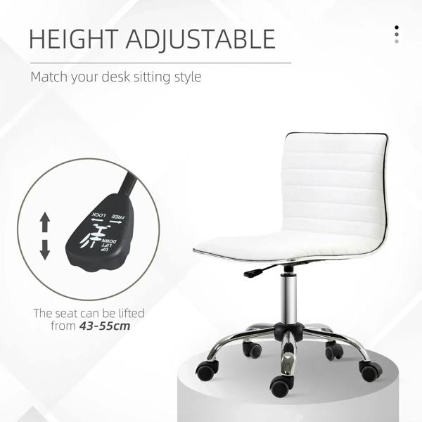 White armless mid-back swivel office chair with height adjustment lever and chrome base