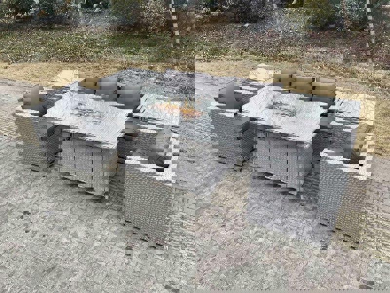 Fimous Light Grey Corner Rattan Garden Furniture Set Gas Fire Pit Heater Burner Lounge Sofa With 2 Side Coffee Table And Armchairs