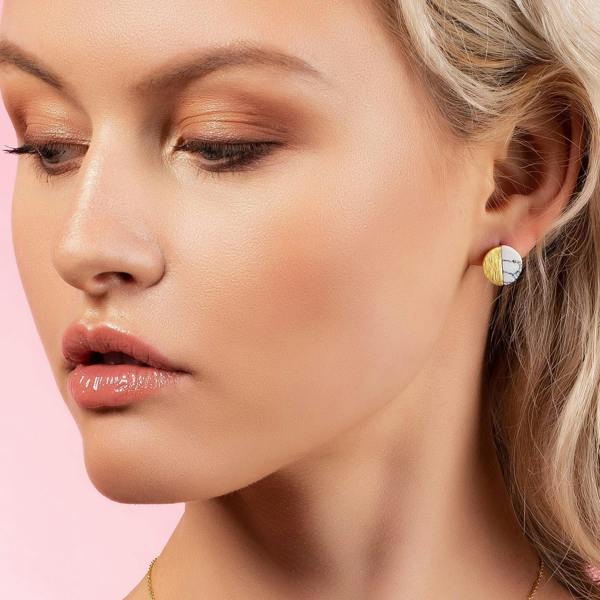 Gold Disc Stud Earrings with Created White Agates - namana.london