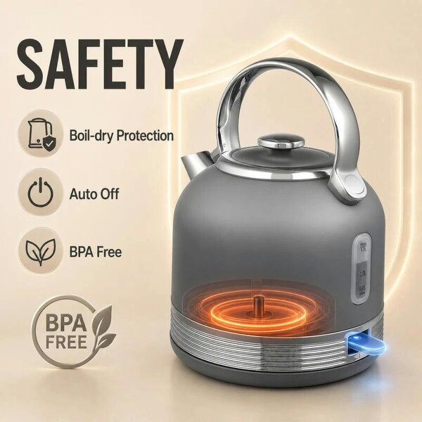 Stainless Steel Kettle and Toaster Set, 1.7L 3000W Cordless Fast Boil Kettle, 4 Slice Toaster Kitchen Set, Grey
