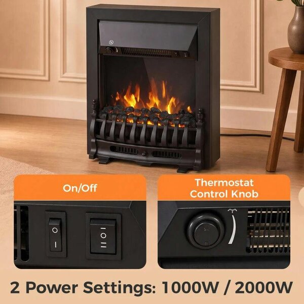 Electric Fireplace Stove Freestanding/ Inset, 1000W/2000W, Electric Fire Heater with LED Flame Effect, Coal Logs, Black