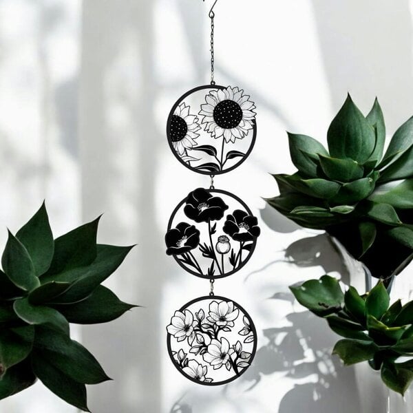 EDH Door Hardware Black Floral Silhouette Hanging Trio Spinner – 60cm x 15cm | Metal Kinetic Wind Spinner for Garden & Home