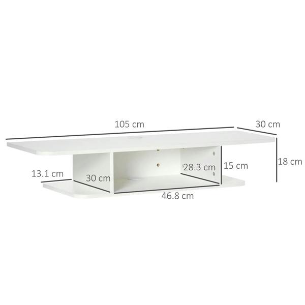 White floating TV console with shelf and front opening, shown with product dimensions