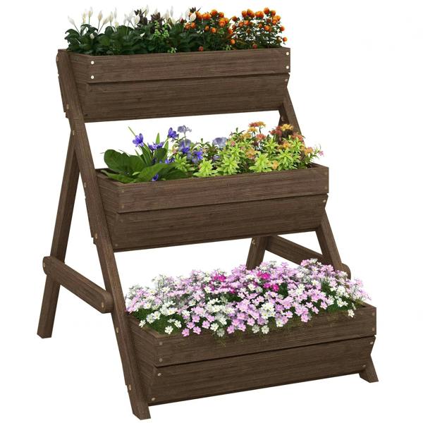 Three-tier raised wooden planter box with three stacked planting levels