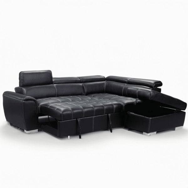 Nevada Black Corner Sofa bed Tilting Headrest + Storage Ottoman