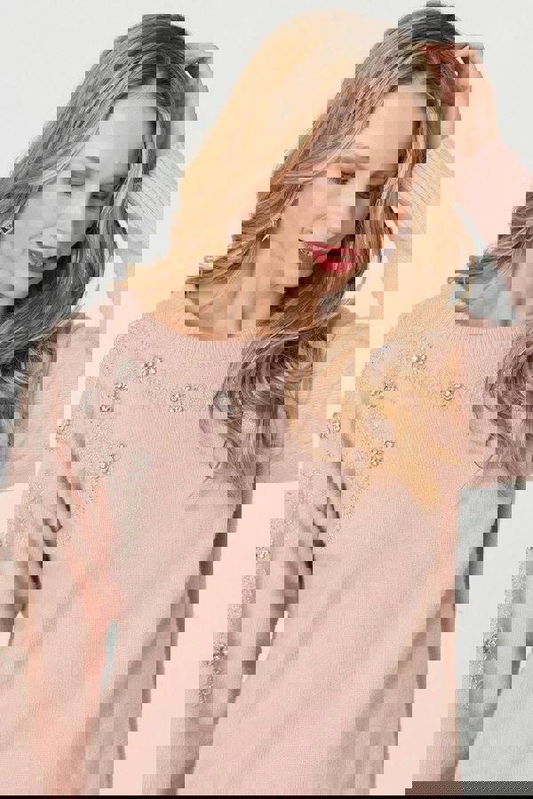 Pink | Sparkly Floral Detail Relaxed Jumper
