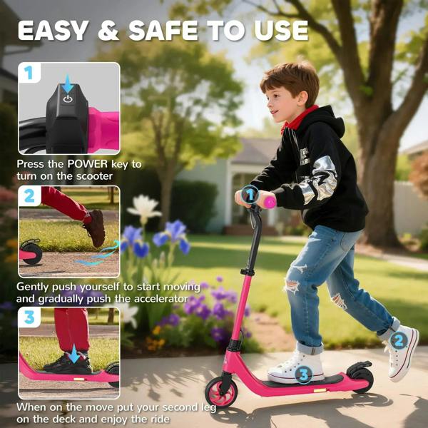 Pink electric scooter with black handlebar and foot deck, safety start steps