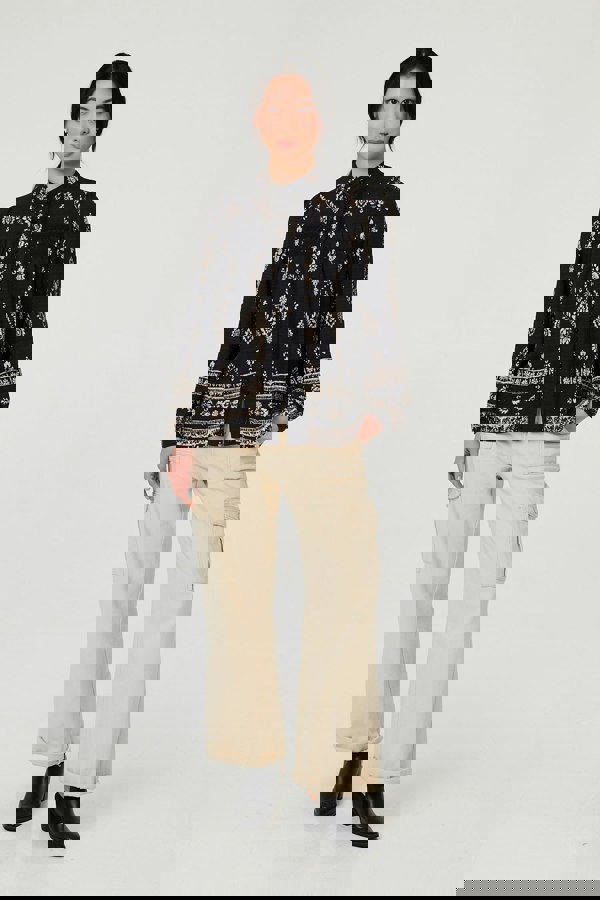 Black | Printed Lace Trim Long Sleeve Blouse
