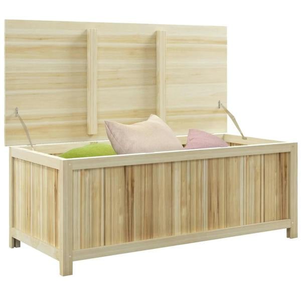 Natural wooden outdoor storage box with hinged lid open and soft cushions inside
