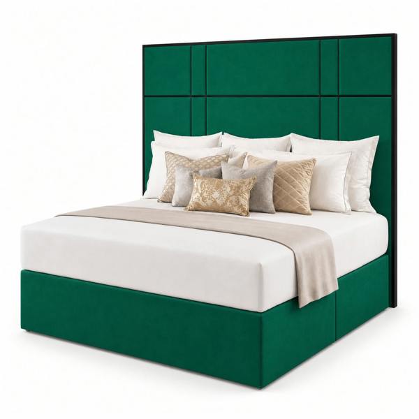 Great British Beds Alice headboard with Contrast Border Divan Bed - Green Plush