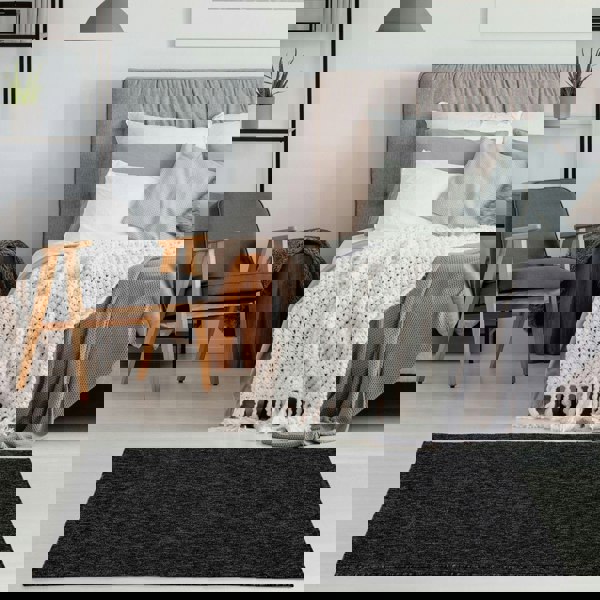 Dark Grey Low Pile Area Rug Plain Design