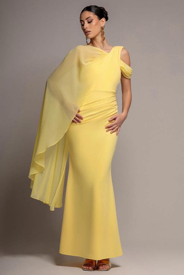 One Shoulder Chiffon Cape Crepe Maxi Dress - Butter Yellow DR4982
