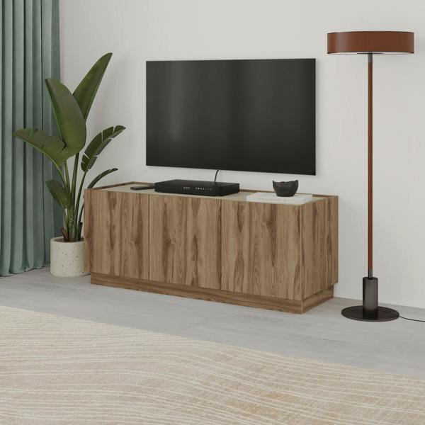 Decortie 120cm TV Stand Unit, 3 Soft-Close Doors TV Storage Cabinet Up to 50' TVs Modern Design Non Handle, Whiskey Oak,Travertine