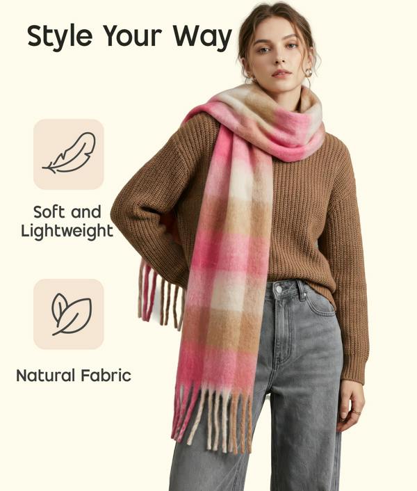 VIA MONTEN Women’s Faux Mohair Scarf, Oversized Winter Scarf Wrap with Fringe, Soft Fluffy Long Shawl for Cold Weather Styling