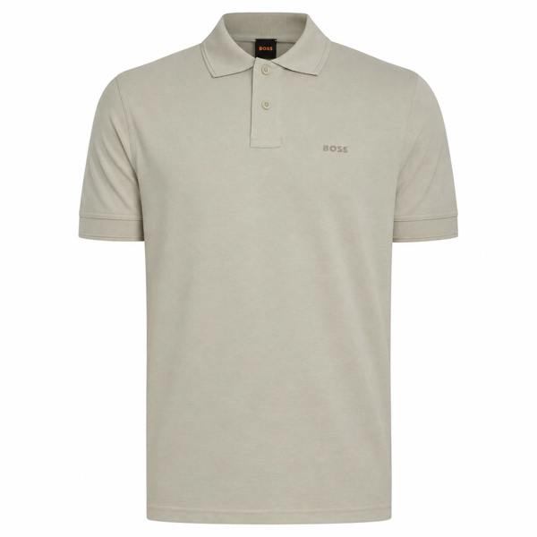 Light beige BOSS Prime cotton pique polo shirt with a classic collar, three-button placket, and embroidered chest logo.