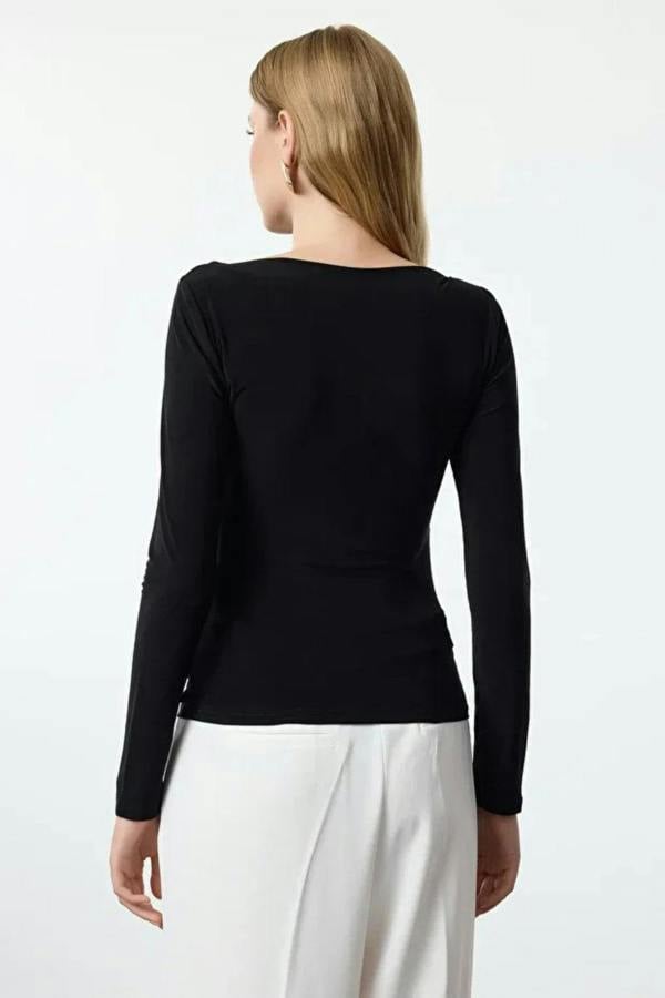 Hoxton Gal Boat Neck Draped Fitted Stretch Knit Blouse