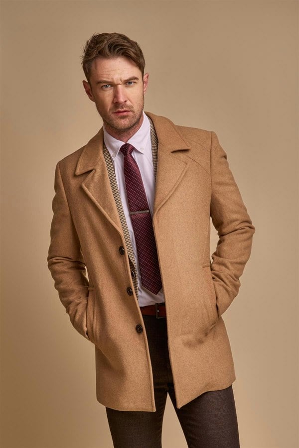 Marcus camel long coat front