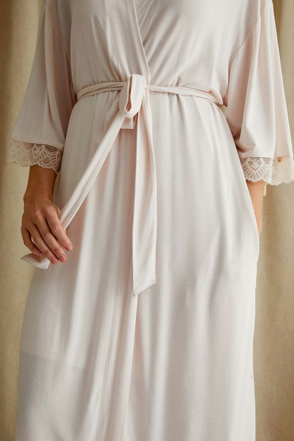 Women's Bamboo Lace Kimono Robe in Powder Puff Pink with delicate lace trims and deep pockets from Pretty You London