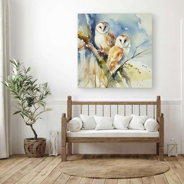 Warren Reed Barn Owls Watercolour Canvas