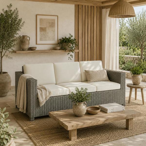 Wyld Haus Necolo Rattan Cream 3 Seater Outdoor Sofa with Cream Cushions