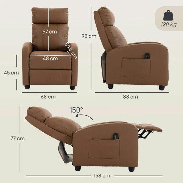 Recliner Armchair, Massage Faux Leather Push Back Reclining Chair with Adjustable Leg Rest, Side Pocket, Dark Brown