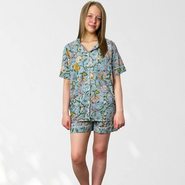Hayley & Co Pale Blue Block Print Floral 100% Cotton Short Pyjama Set