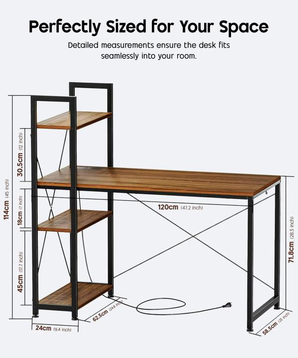 ADOV Computer Desk with Storage Shelves, 120 x 46cm Industrial Study Desk with Power Outlet for Home Office
