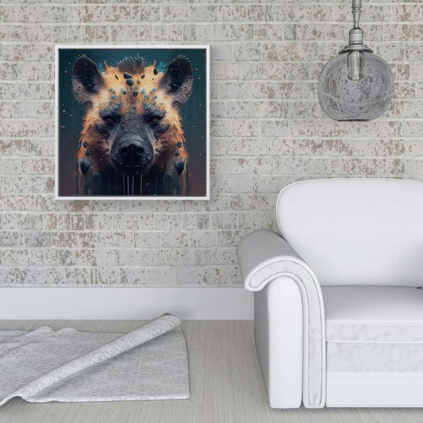 Warren Reed Hyena Face Splash Art Dark Background Framed Canvas