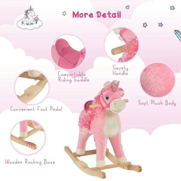 Pink plush rocking unicorn ride-on with wooden saddle, soft body and cushioned handles