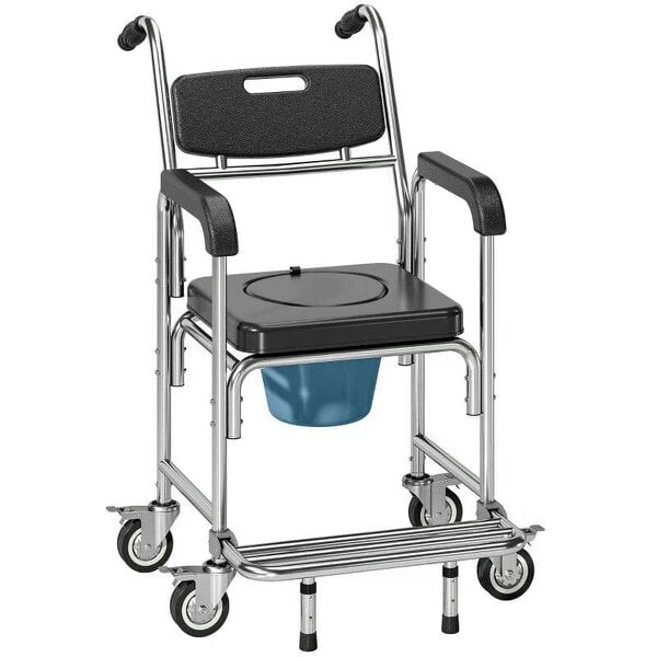 Transport Beside Shower Chair, 3-in-1 Commode Chair with Wheels and Padded Seat, Black