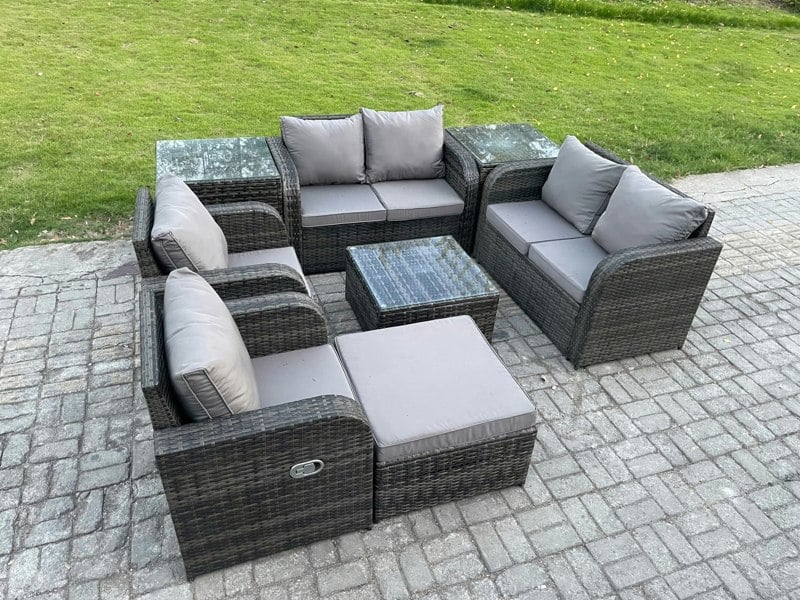 Fimous 7 Seater Dark Grey Mixed Rattan Outdoor Sofa Set - Square Coffee Table, Loveseat, Reclining Chairs, 2 Side Tables & Big Footstool
