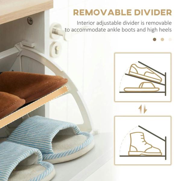 Removable interior divider in a cream white shoe cabinet flip drawer