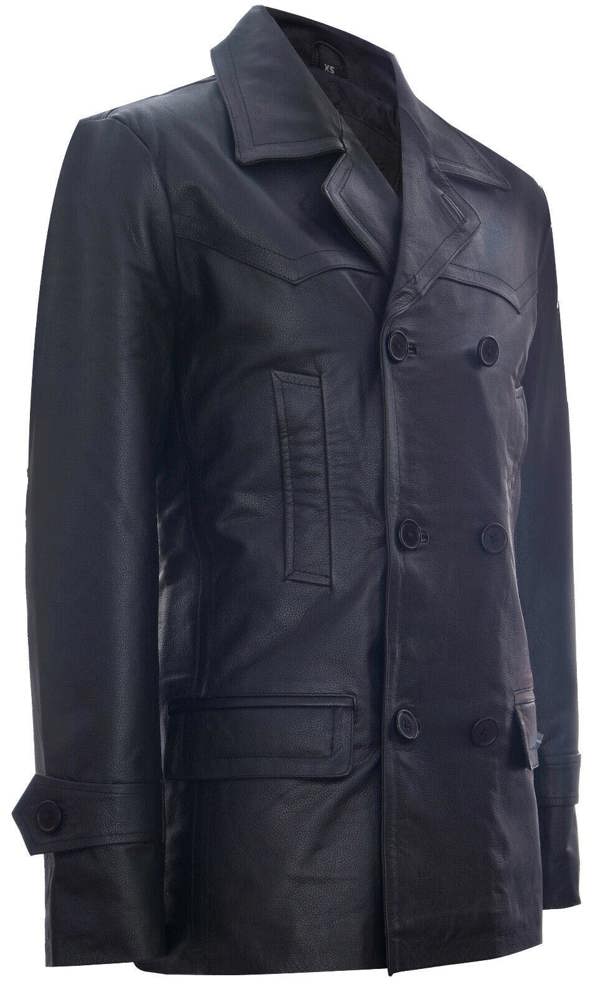 Infinity Leather Mens Cow Hide Dr Who Naval German Pea Coat Leather Jacket