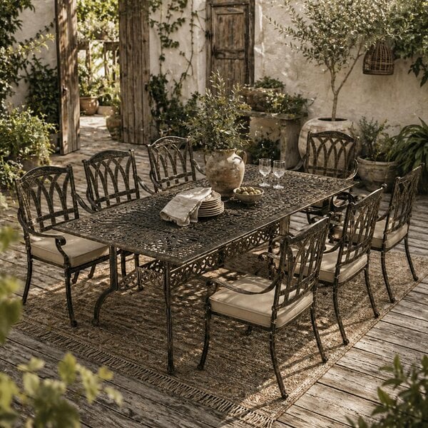 Wyld Haus Vesuno 8 Seater Bronze Cast Aluminium Garden Dining Set Rectangular Table with Parasol Hole